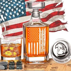 NEW PONPUR Whiskey Decanter Set Glasses Etched America WE THE PEOPLE USA GIFT